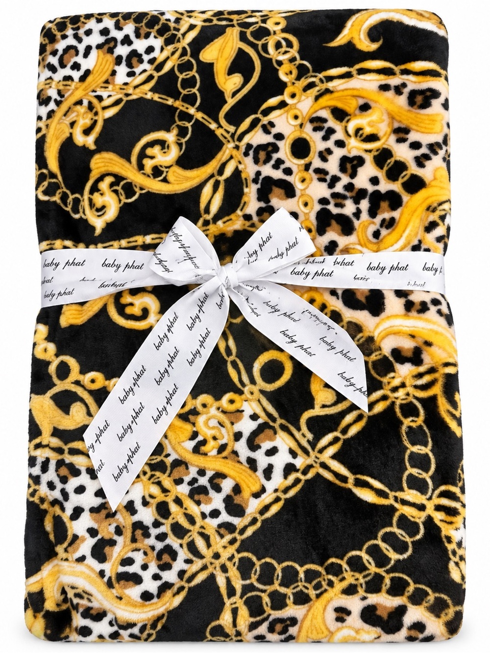 🥂Baby Phat Black, Gold & White Leopard Chain Print Oversized Plush Throw🥂